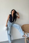 Kadın Kemer Tokalı Baggy Jean Pantolon Efektli Buz Mavi 4003