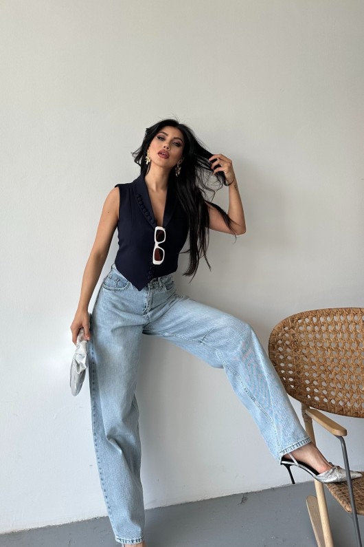 Kadın Kemer Tokalı Baggy Jean Pantolon Efektli Buz Mavi 4003