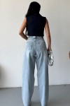 Kadın Kemer Tokalı Baggy Jean Pantolon Efektli Buz Mavi 4003
