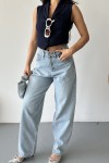 Kadın Kemer Tokalı Baggy Jean Pantolon Efektli Buz Mavi 4003