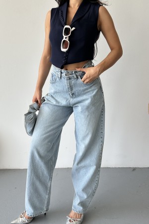 Kadın Kemer Tokalı Baggy Jean Pantolon Efektli Buz Mavi 4003