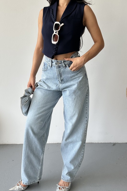 Kadın Kemer Tokalı Baggy Jean Pantolon Efektli Buz Mavi 4003