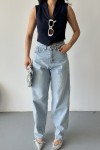 Kadın Kemer Tokalı Baggy Jean Pantolon Efektli Buz Mavi 4003