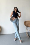 Kadın Kemer Tokalı Baggy Jean Pantolon Efektli Buz Mavi 4003