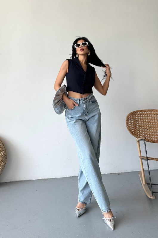 Kadın Kemer Tokalı Baggy Jean Pantolon Efektli Buz Mavi 4003