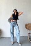 Kadın Kemer Tokalı Baggy Jean Pantolon Efektli Buz Mavi 4003