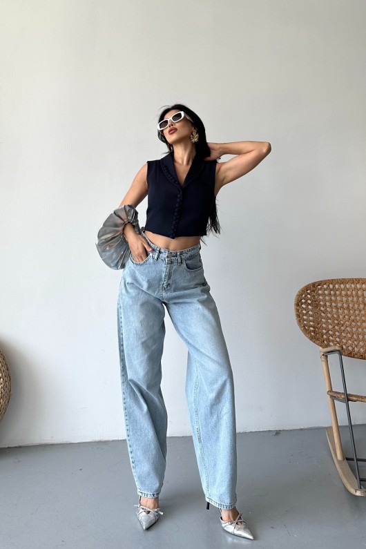 Kadın Kemer Tokalı Baggy Jean Pantolon Efektli Buz Mavi 4003