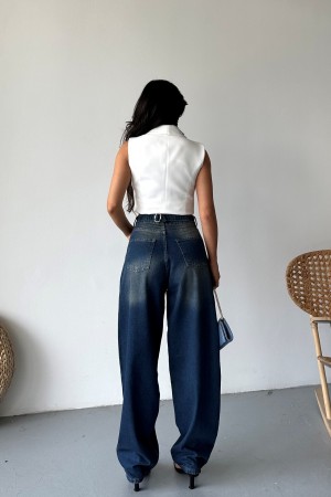 Kadın Kemer Tokalı Baggy Jean Pantolon Efektli Kahve Tint 4003