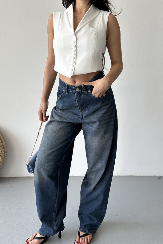 Kadın Kemer Tokalı Baggy Jean Pantolon Efektli Kahve Tint 4003