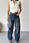 Kadın Kemer Tokalı Baggy Jean Pantolon Efektli Kahve Tint 4003