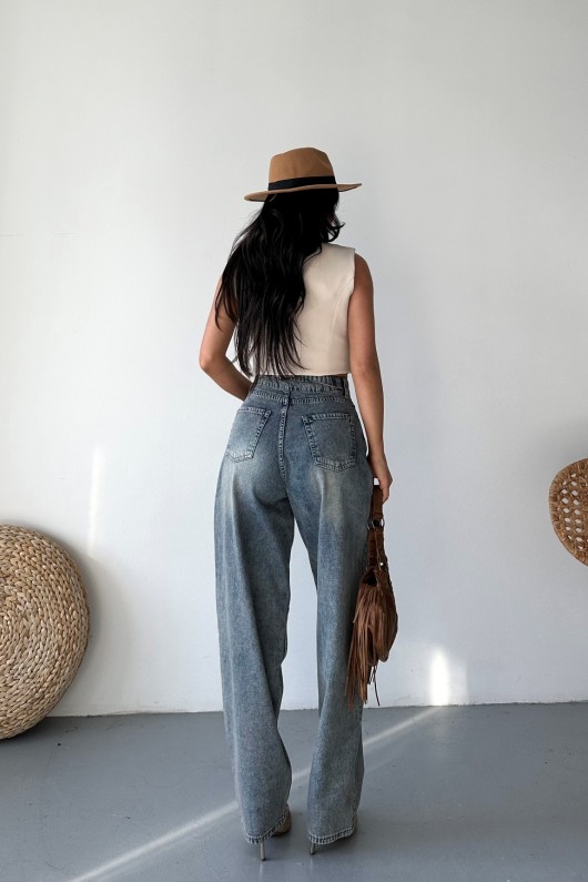 Kadın Kemer Tokalı Baggy Jean Pantolon Efektli Açık Kahve Tint 4003