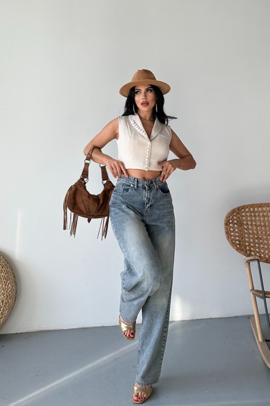 Kadın Kemer Tokalı Baggy Jean Pantolon Efektli Açık Kahve Tint 4003