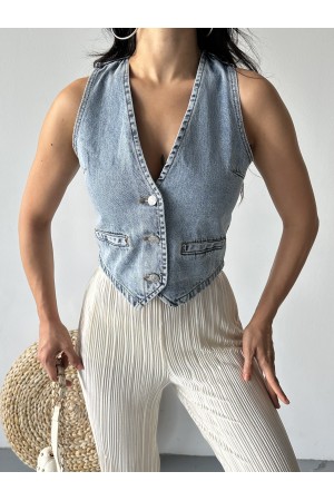 Kot Yelek V Yaka Fleto Cepli Kar Yıkamalı Mavi 4502