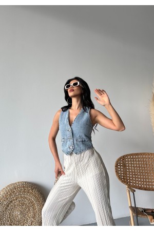 Kot Yelek V Yaka Fleto Cepli Kar Yıkamalı Mavi 4502