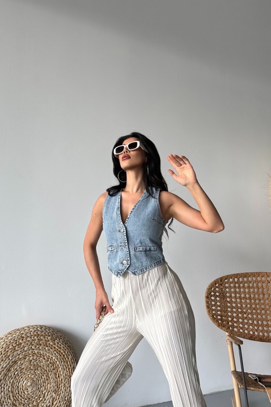 Kot Yelek V Yaka Fleto Cepli Kar Yıkamalı Mavi 4502