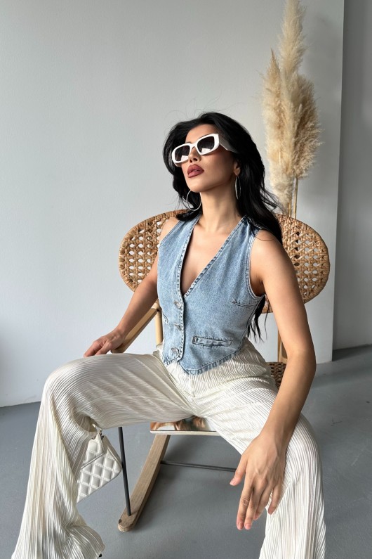 Kot Yelek V Yaka Fleto Cepli Kar Yıkamalı Mavi 4502