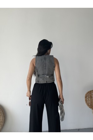 Kot Yelek V Yaka Fleto Cepli Kar Yıkamalı Gri 4502