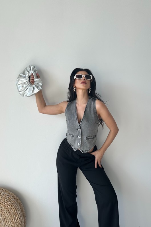 Kot Yelek V Yaka Fleto Cepli Kar Yıkamalı Gri 4502