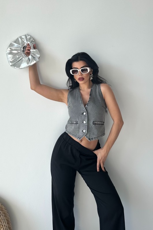 Kot Yelek V Yaka Fleto Cepli Kar Yıkamalı Gri 4502