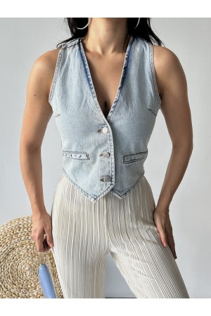 Kot Yelek V Yaka Fleto Cepli Kar Yıkamalı Buz Mavi 4502