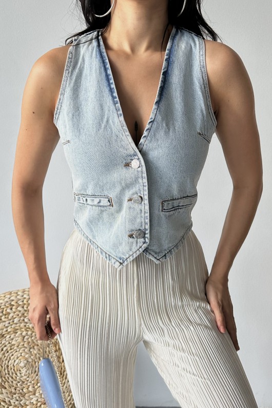 Kot Yelek V Yaka Fleto Cepli Kar Yıkamalı Buz Mavi 4502