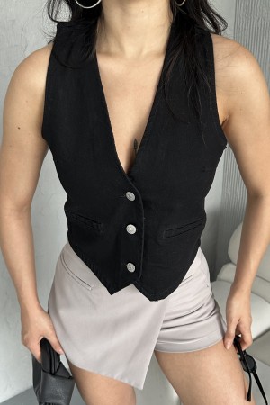Kadın Kot Yelek Fleto Cepli Süper Taş Enzim Yıkama Siyah 4503