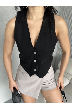 Kadın Kot Yelek Fleto Cepli Süper Taş Enzim Yıkama Siyah 4503