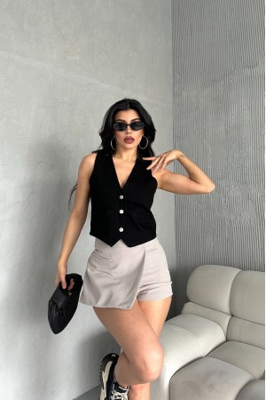 Kadın Kot Yelek Fleto Cepli Süper Taş Enzim Yıkama Siyah 4503