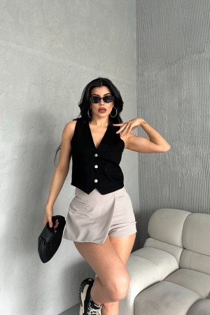 Kadın Kot Yelek Fleto Cepli Süper Taş Enzim Yıkama Siyah 4503