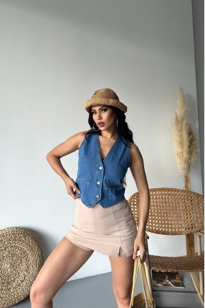 Kadın Kot Yelek Fleto Cepli Süper Taş Enzim Yıkama Mavi 4503