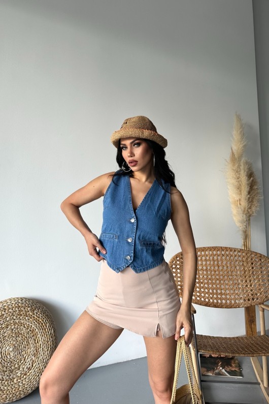 Kadın Kot Yelek Fleto Cepli Süper Taş Enzim Yıkama Mavi 4503