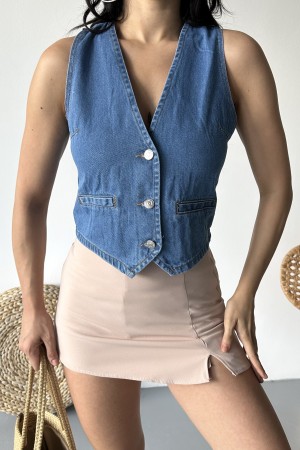 Kadın Kot Yelek Fleto Cepli Süper Taş Enzim Yıkama Mavi 4503