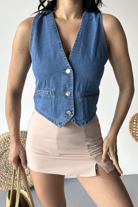 Kadın Kot Yelek Fleto Cepli Süper Taş Enzim Yıkama Mavi 4503