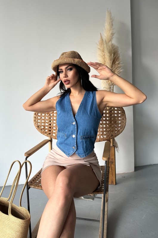 Kadın Kot Yelek Fleto Cepli Süper Taş Enzim Yıkama Mavi 4503