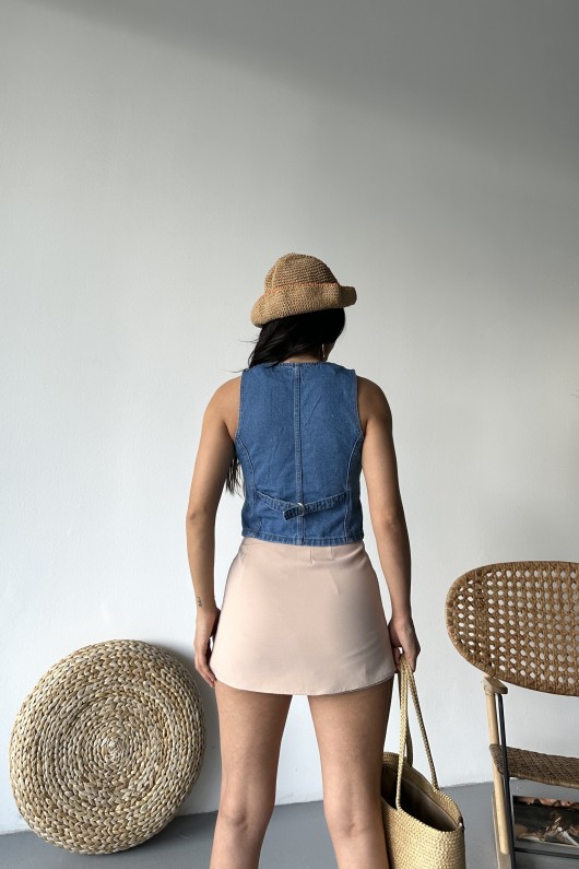 Kadın Kot Yelek Fleto Cepli Süper Taş Enzim Yıkama Mavi 4503