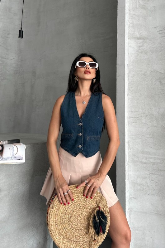 Kadın Kot Yelek Fleto Cepli Süper Taş Enzim Yıkama Kahve Tint 4503