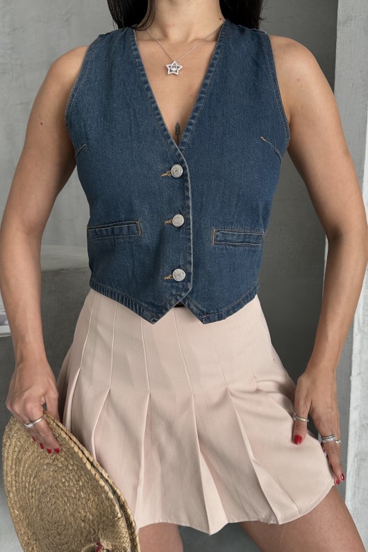 Kadın Kot Yelek Fleto Cepli Süper Taş Enzim Yıkama Kahve Tint 4503