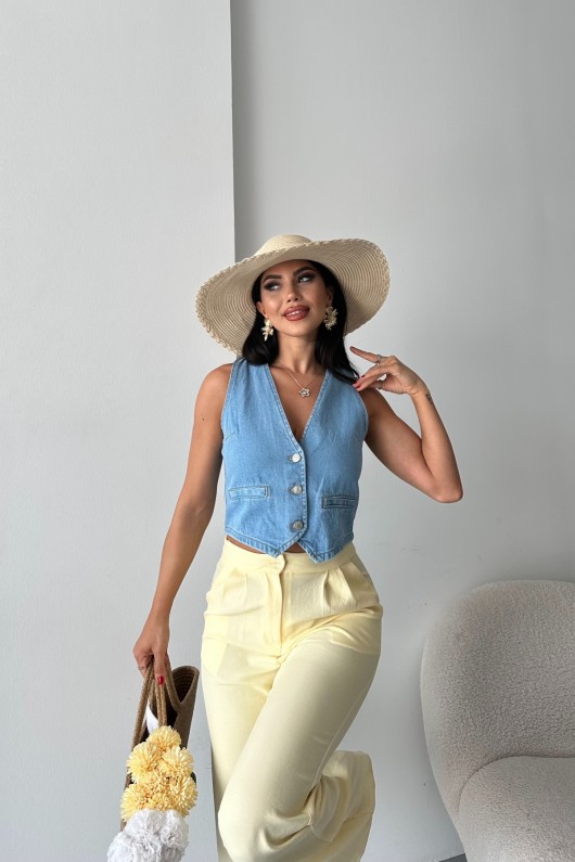 Kadın Kot Yelek Fleto Cepli Süper Taş Enzim Yıkama Açık Mavi 4503