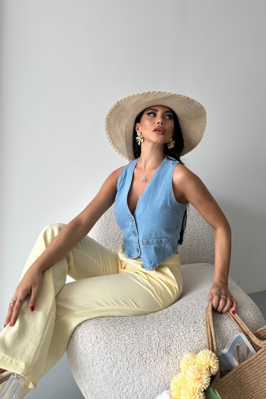 Kadın Kot Yelek Fleto Cepli Süper Taş Enzim Yıkama Açık Mavi 4503