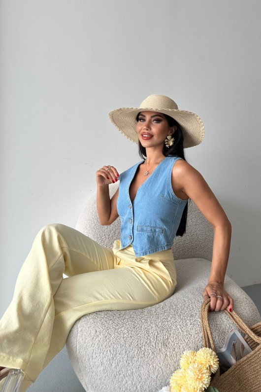 Kadın Kot Yelek Fleto Cepli Süper Taş Enzim Yıkama Açık Mavi 4503