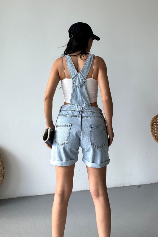 Kadın Kot Askılı Şortlu Salopet Denim Buz Mavi 4504