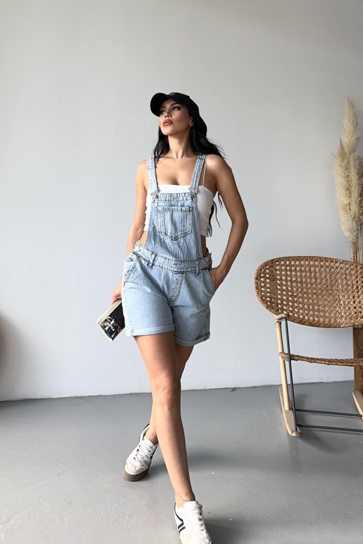 Kadın Kot Askılı Şortlu Salopet Denim Buz Mavi 4504