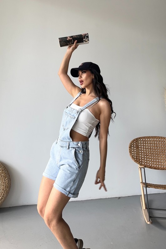 Kadın Kot Askılı Şortlu Salopet Denim Buz Mavi 4504