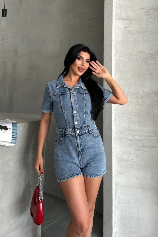 Kadın  Önden Düğmeli Gömlek Yaka Kısa Şort Tulum Denim Mavi 4505