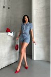 Kadın  Önden Düğmeli Gömlek Yaka Kısa Şort Tulum Denim Mavi 4505