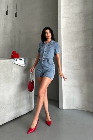 Kadın  Önden Düğmeli Gömlek Yaka Kısa Şort Tulum Denim Mavi 4505