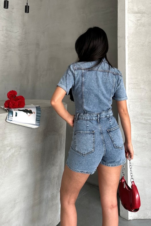 Kadın  Önden Düğmeli Gömlek Yaka Kısa Şort Tulum Denim Mavi 4505
