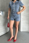 Kadın  Önden Düğmeli Gömlek Yaka Kısa Şort Tulum Denim Mavi 4505