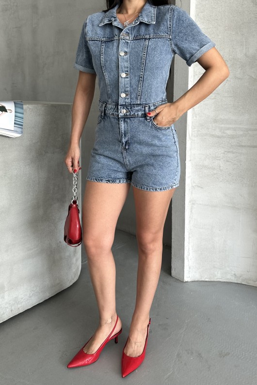 Kadın  Önden Düğmeli Gömlek Yaka Kısa Şort Tulum Denim Mavi 4505