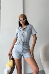 Kadın  Önden Düğmeli Gömlek Yaka Kısa Şort Tulum Denim Buz Mavi 4505